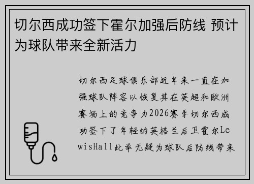 切尔西成功签下霍尔加强后防线 预计为球队带来全新活力
